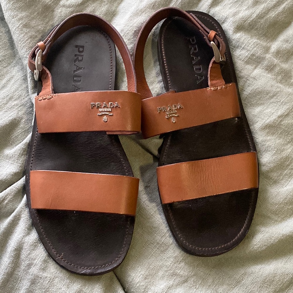Prada Cognac Brown Mens Leather Sandals US 10.5